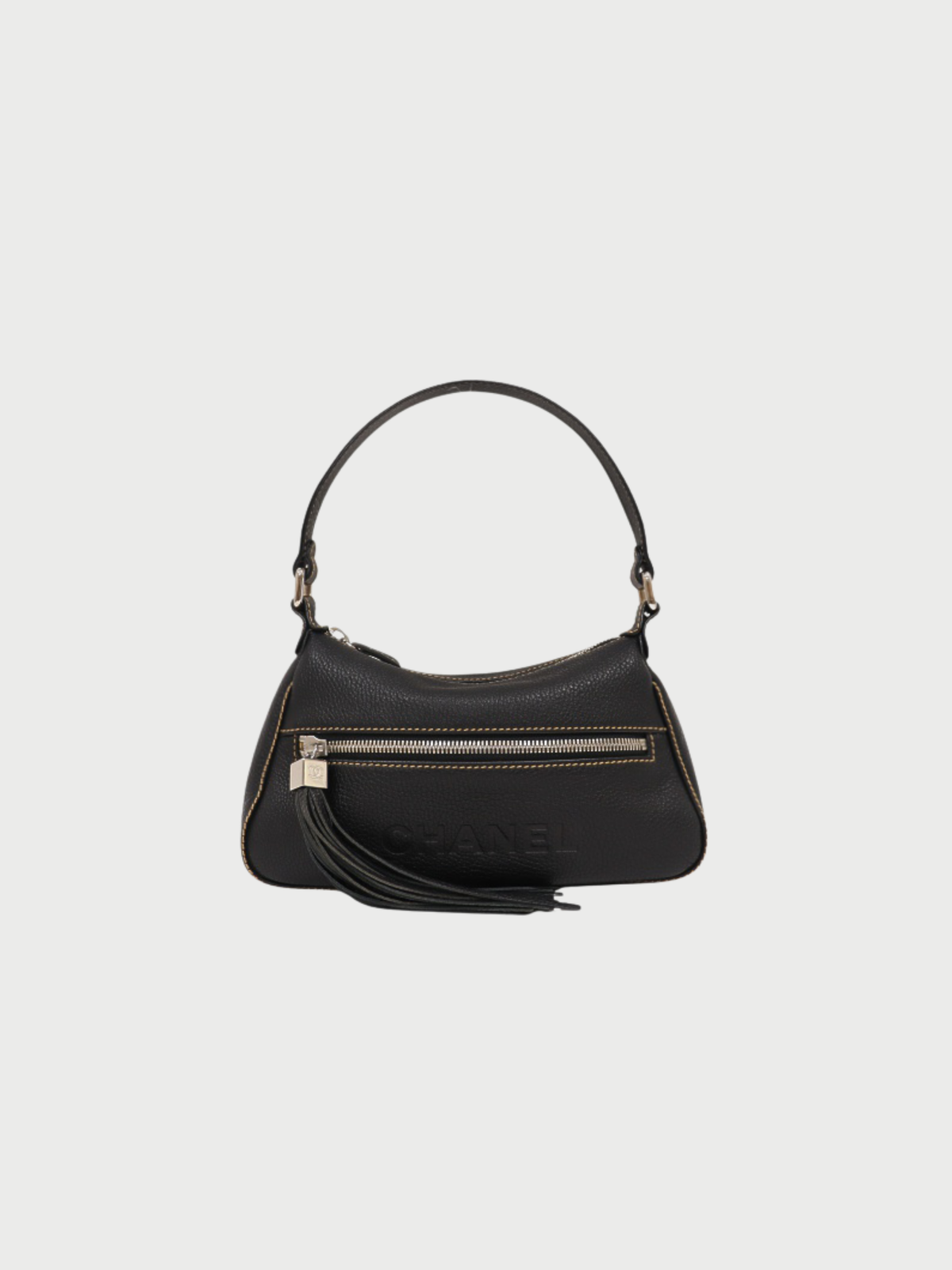 Chanel 2001-2002 Black Caviar Leather Logo Tassel One Shoulder Bag