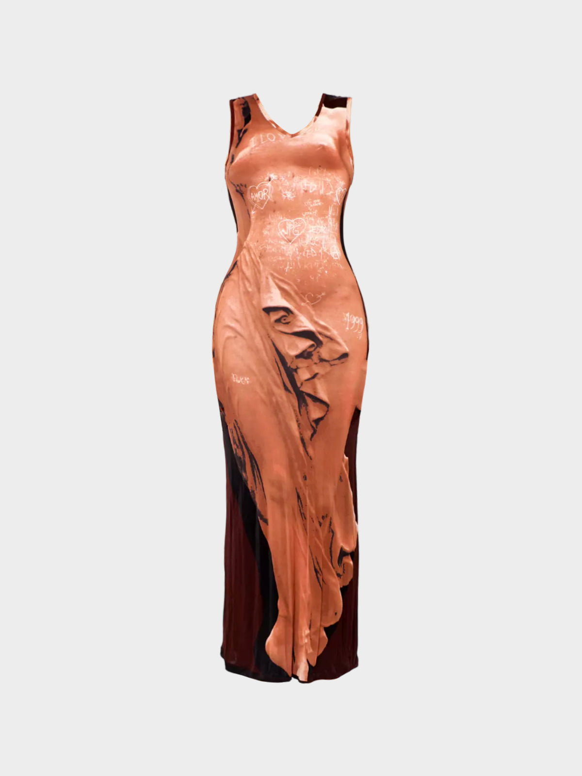 Jean Paul Gaultier SS 1999 Brown Trompe L'oeil Goddess Graffiti Dress