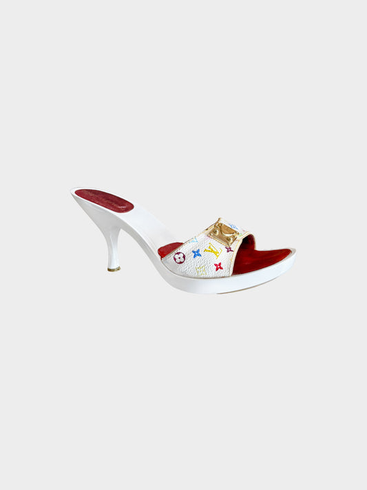 Louis Vuitton 2000s White Multicolor Monogram Leather Heels with Gold Buckle