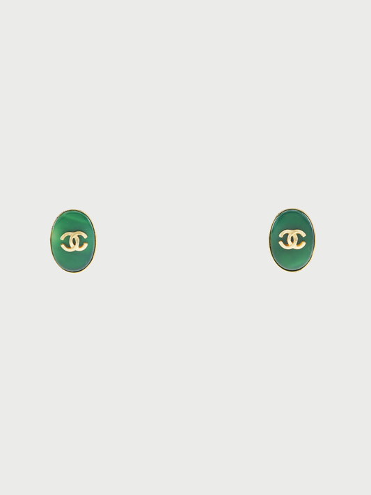 Chanel 1990s Green Gold Plated COCO Mark Earrings