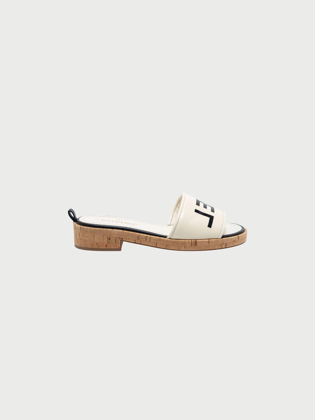Chanel 2000s White Black Leather Cork Logo Mules