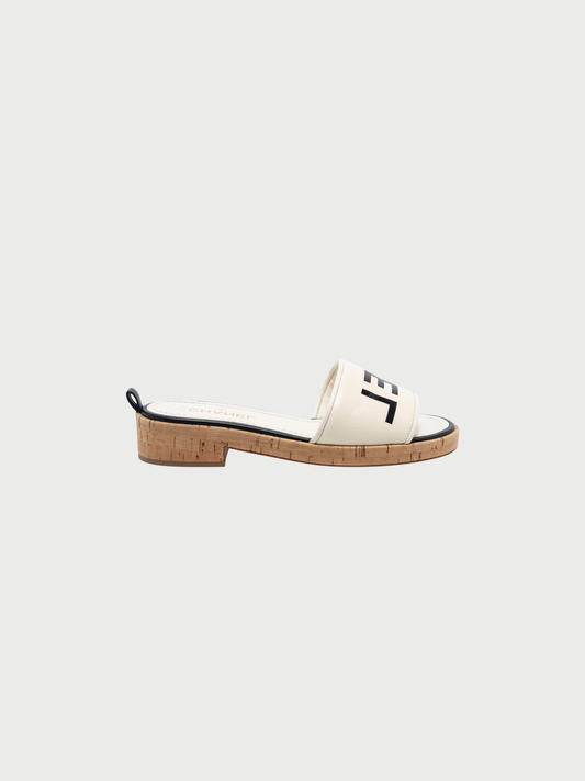 Chanel 2000s White Black Leather Cork Logo Mules