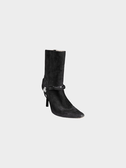 Chanel 2000s Black Suede Ankle Belt Short Boots
