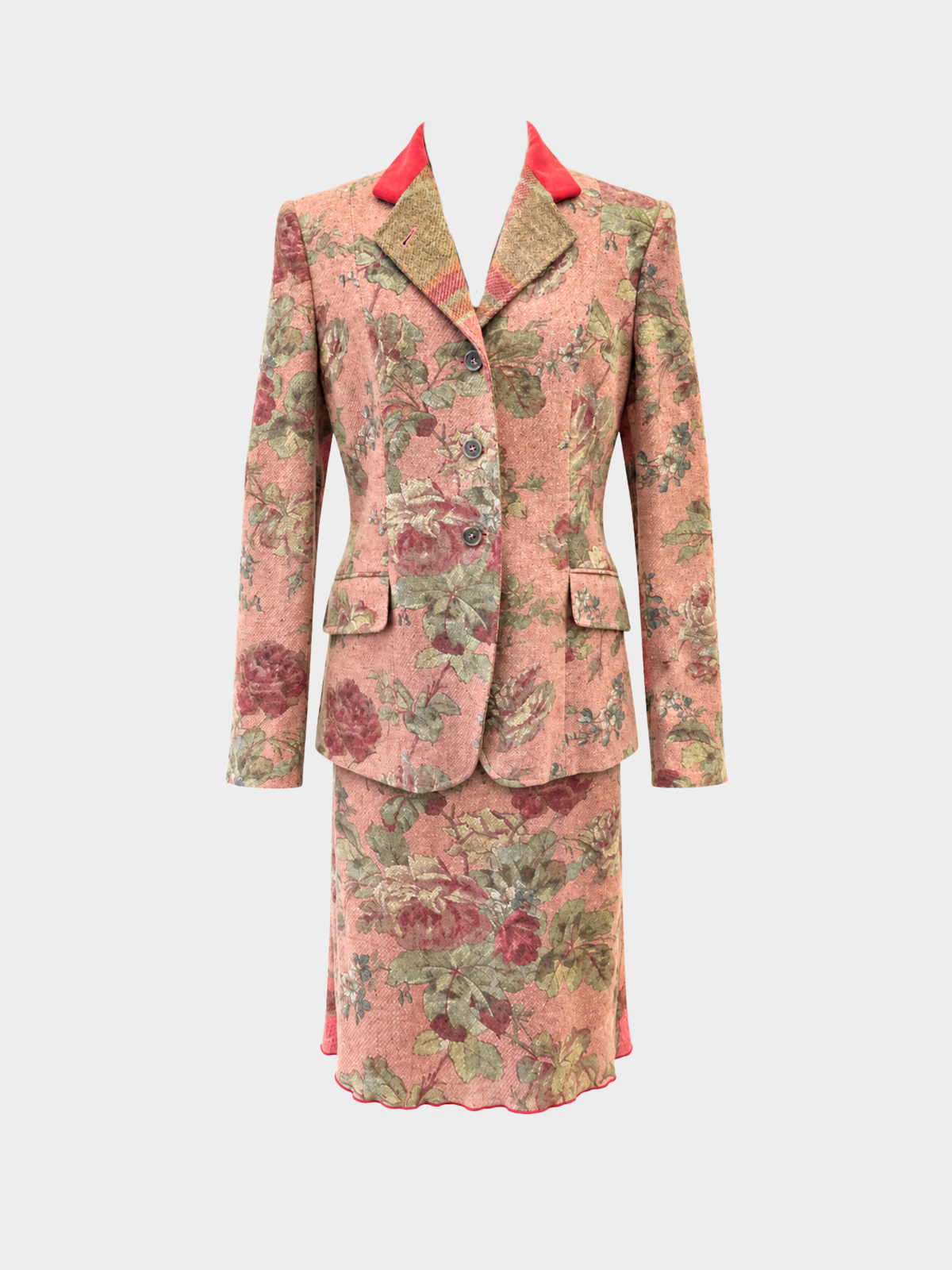 Etro 2000s Rose Green Plaid Floral Wool Skirt Suit Set