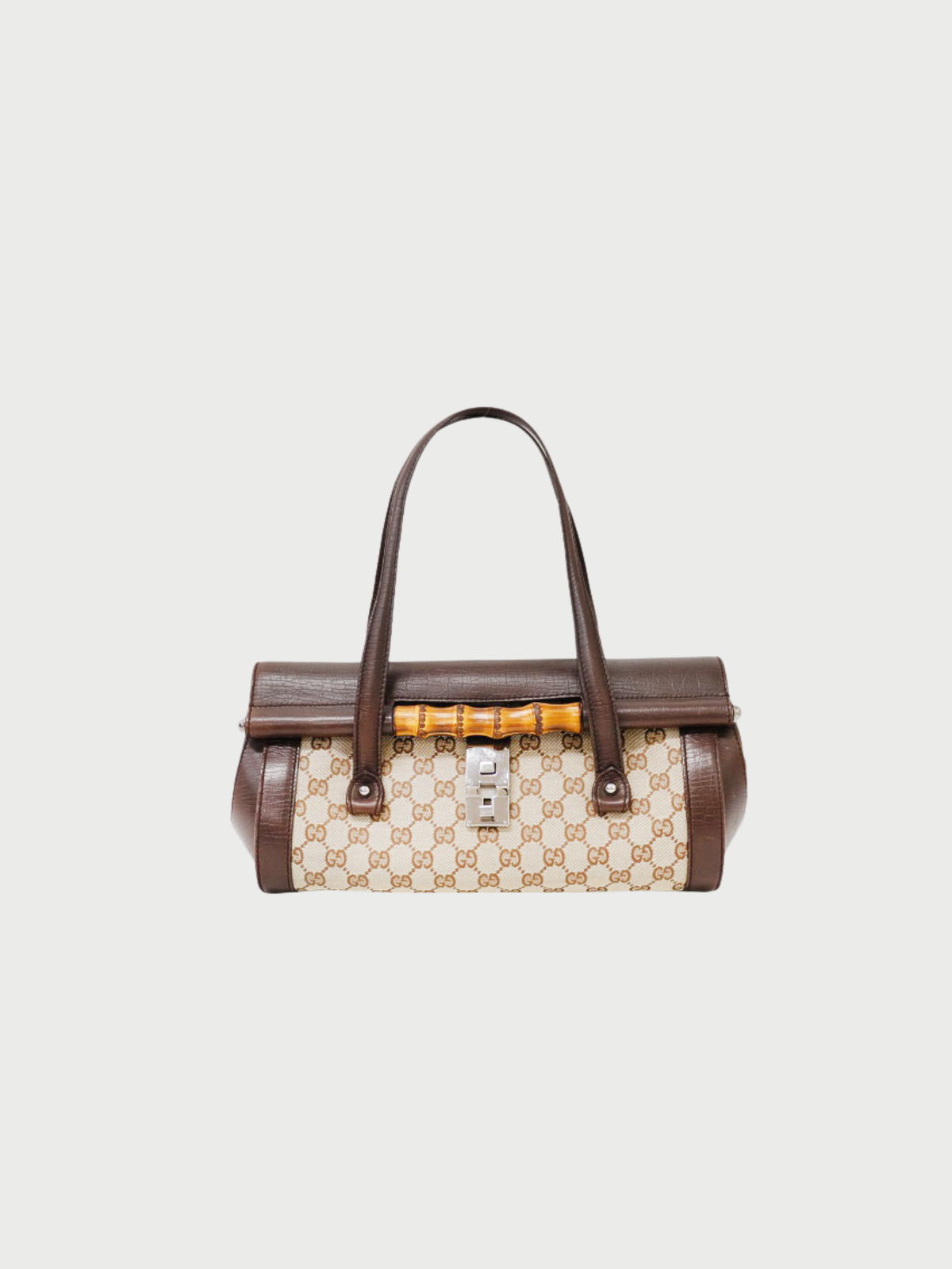 Gucci 2003 Brown Beige GG Canvas Bamboo Leather Handbag