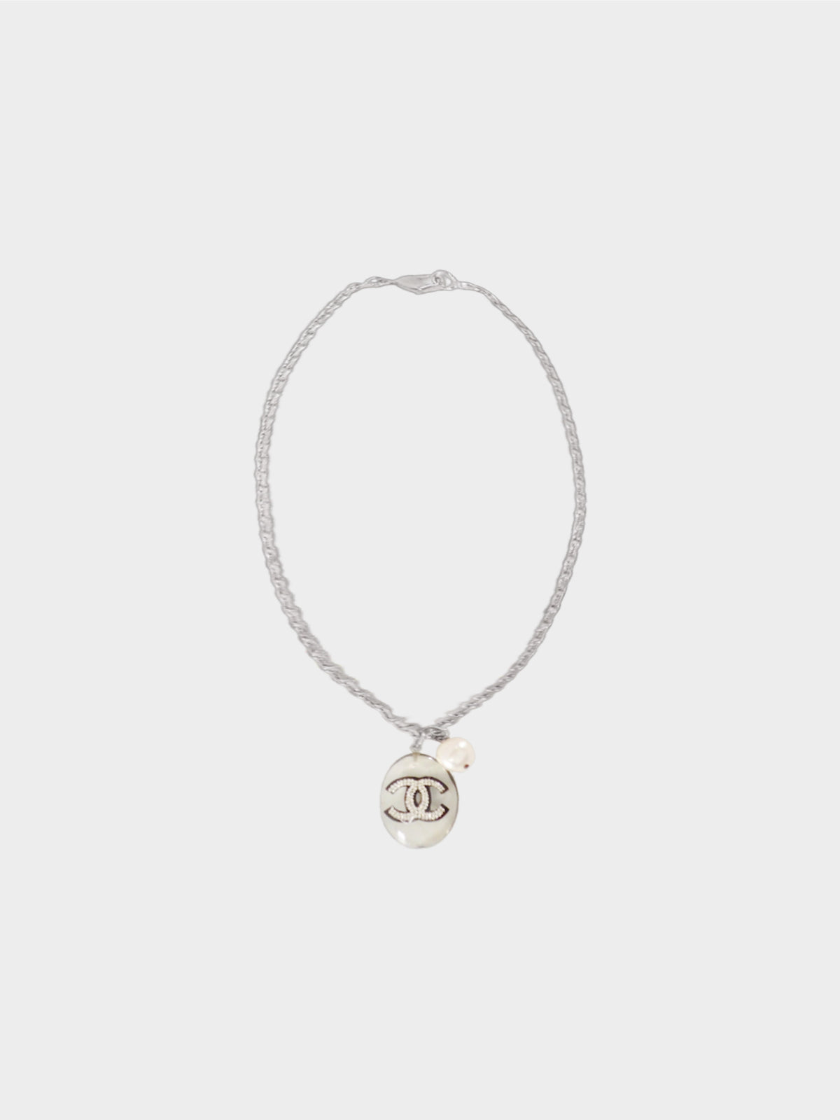 Chanel Fall 2004 Clear Oval CC Resin and Faux Pearl Pendant Necklace