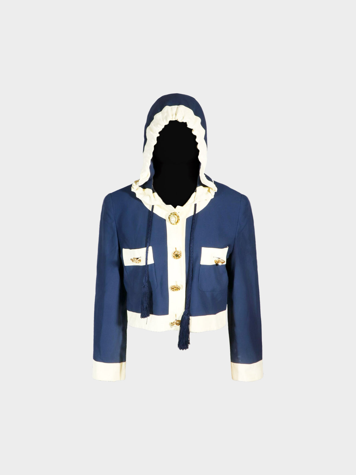 Moschino 1990s White and Blue Two-tone Buttoned Cropped Hooded Jacket