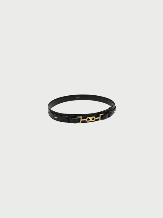 Celine 2000s Black Leather Gold Triomphe Belt