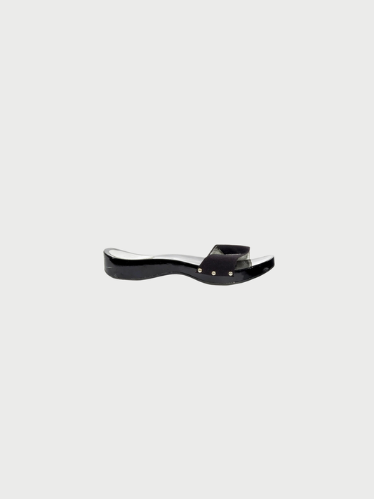 Chanel 2000s Black Lacquer-Finish Logo Strap Sandals