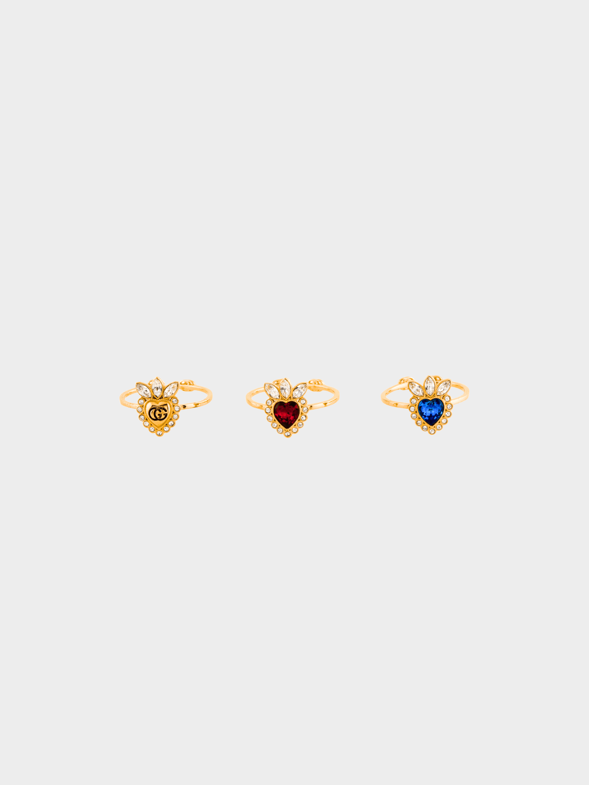 Gucci 2010s Gold Crystal Heart 3 Ring Set