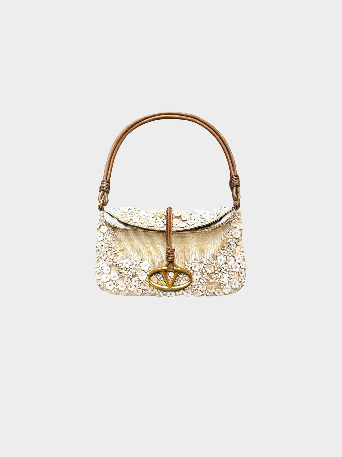 Valentino 2000s Beige Floral Beaded and Embroidered Satin Evening Shoulder Bag
