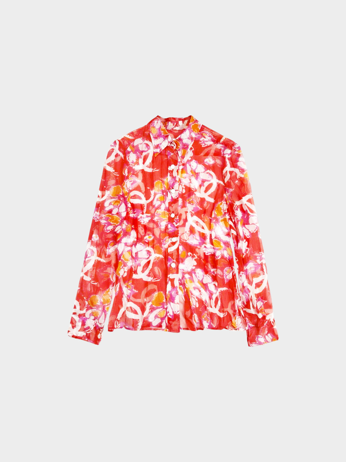 Chanel Rare SS 2001 Tropical Red Floral Button-up Shirt