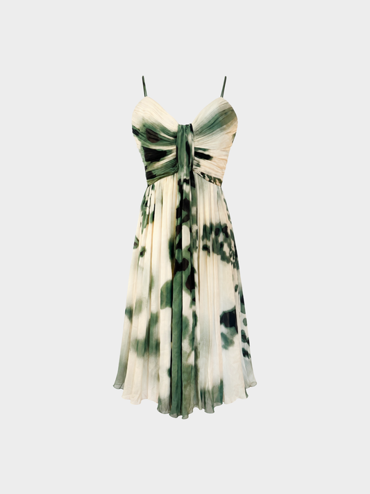 Roberto Cavalli 2000s Beige Green Abstract Print Pleated Silk Mini Dress