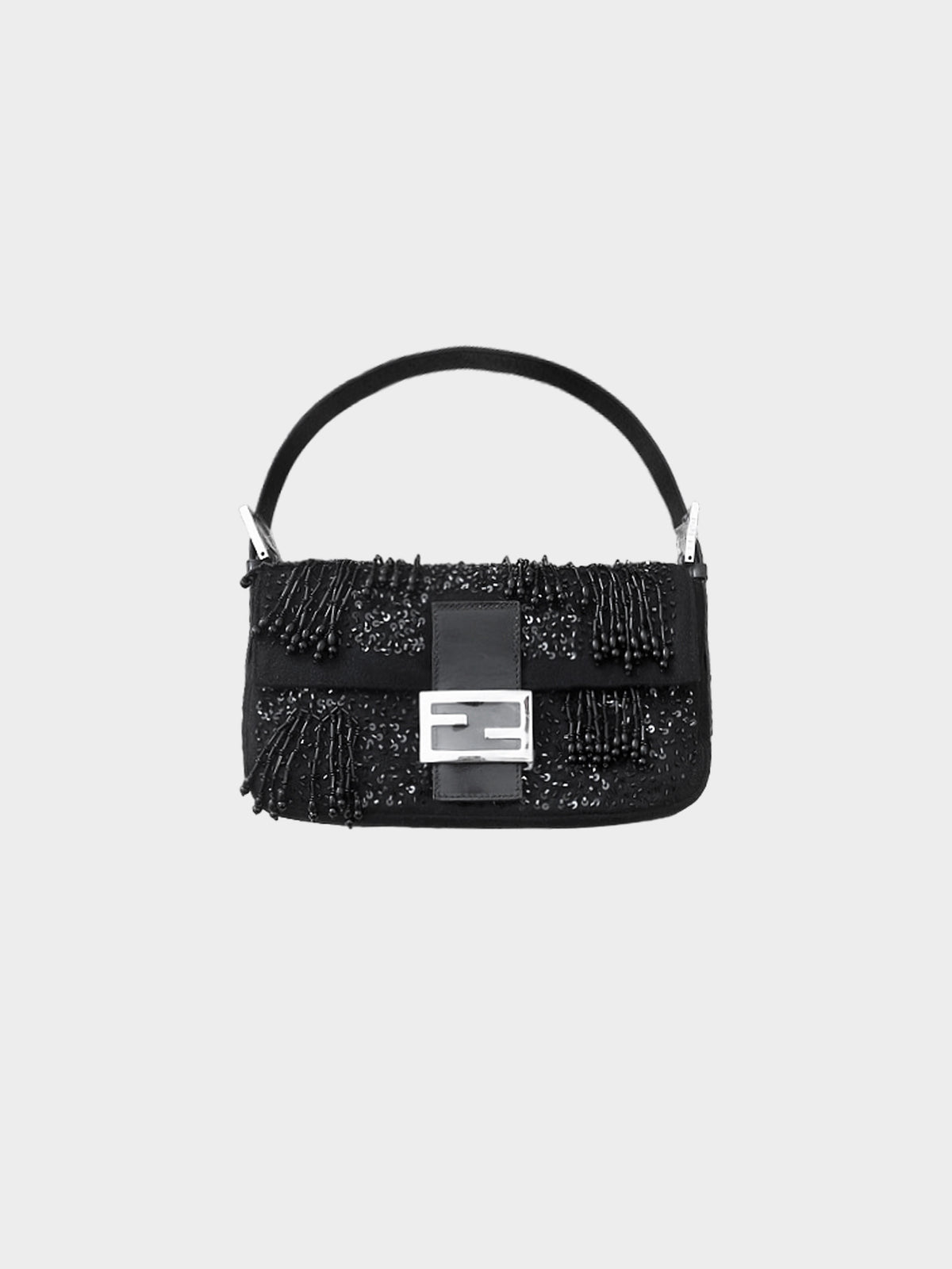 Fendi 2000s Black Sequin and Beaded Wool Baguette Bag