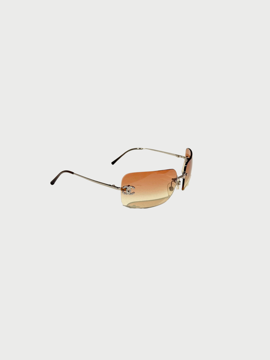 Chanel 2000s Brown Rhinestone CC Logo 4017-D Rimless Sunglasses