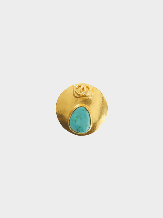 Chanel Spring 1998 Gold Turquoise CC Logo Brooch