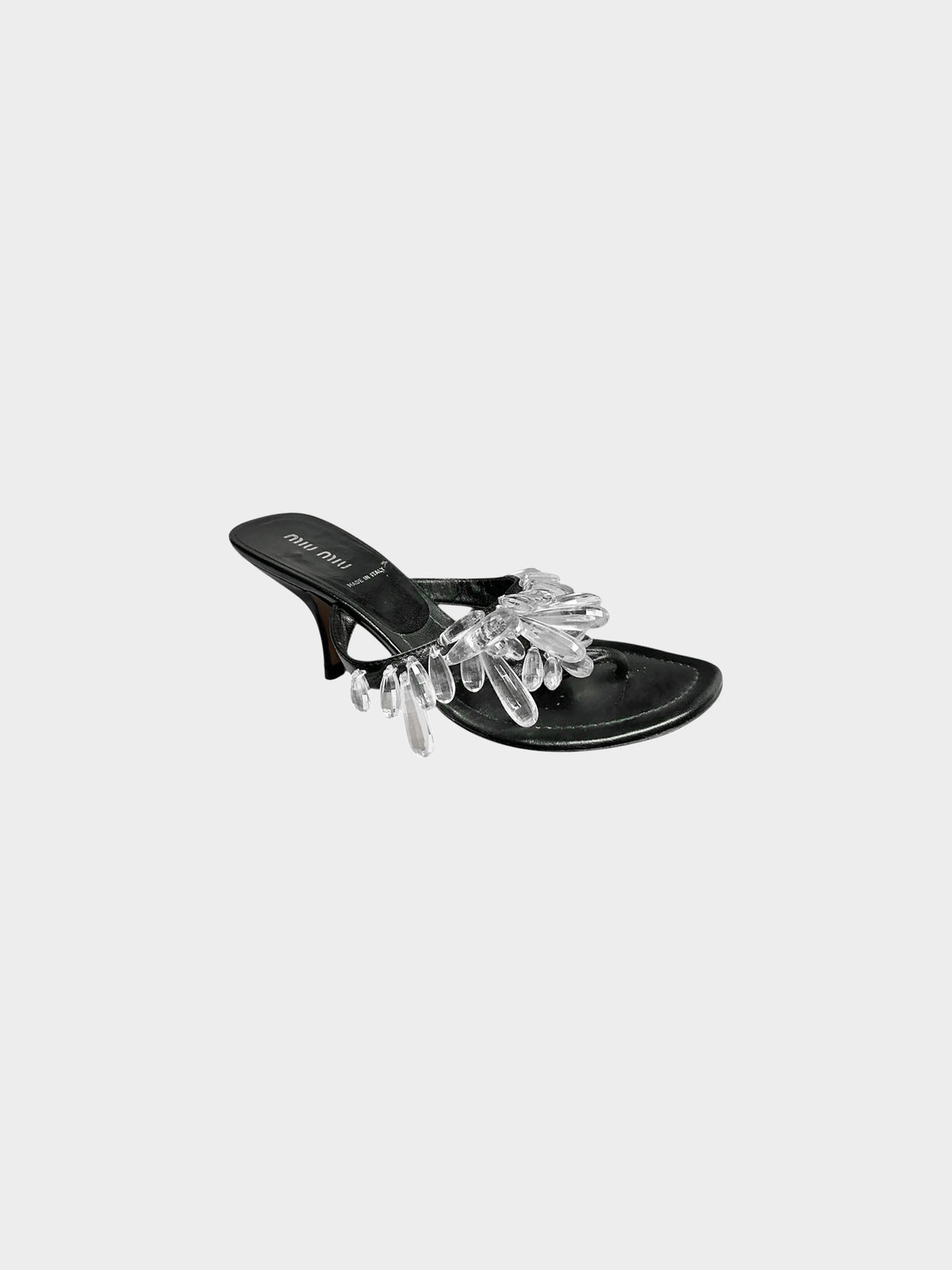 Miu Miu 2000s Black Leather Crystal Drop Heeled Mules