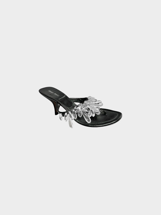 Miu Miu 2000s Black Leather Crystal Drop Heeled Mules