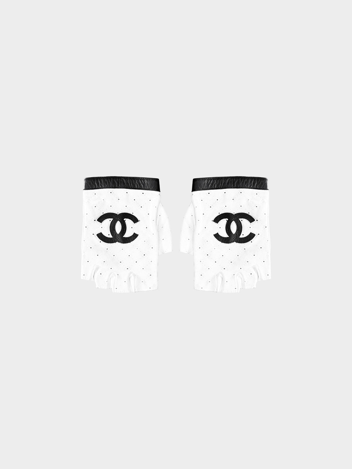 Chanel 1990s Black and White Leather CC Fingerless Gloves