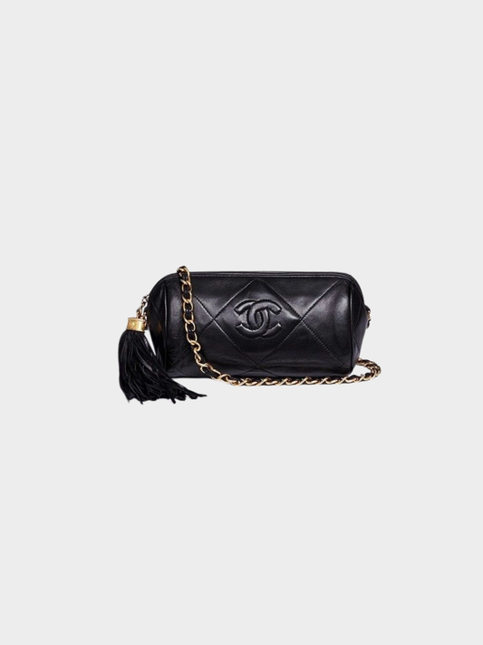 Chanel 1980s Black Quilted Lambskin Barrel Cylinder Tassel Bag