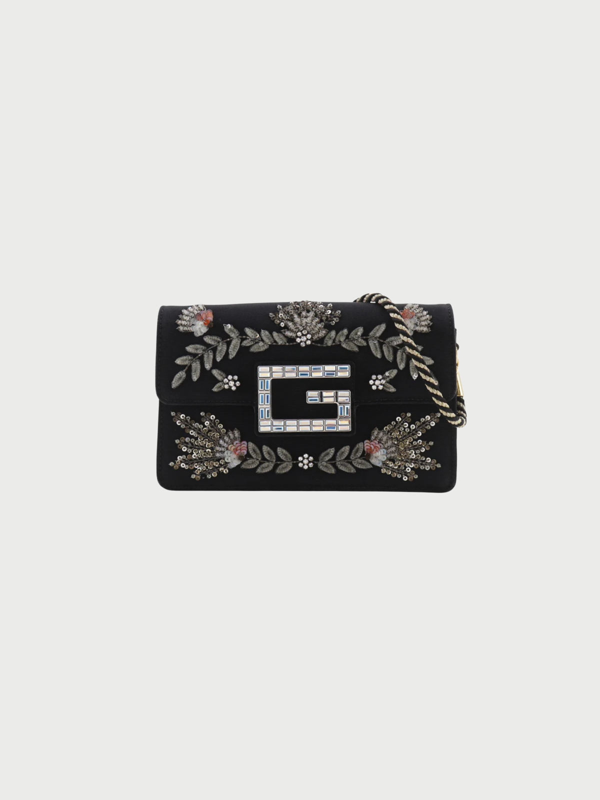 Gucci 2010s Black Cotton Rhinestone Broadway Square G 2-Way Clutch Bag