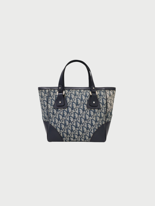 Christian Dior 2000s Navy Trotter Logo Canvas Leather Handbag