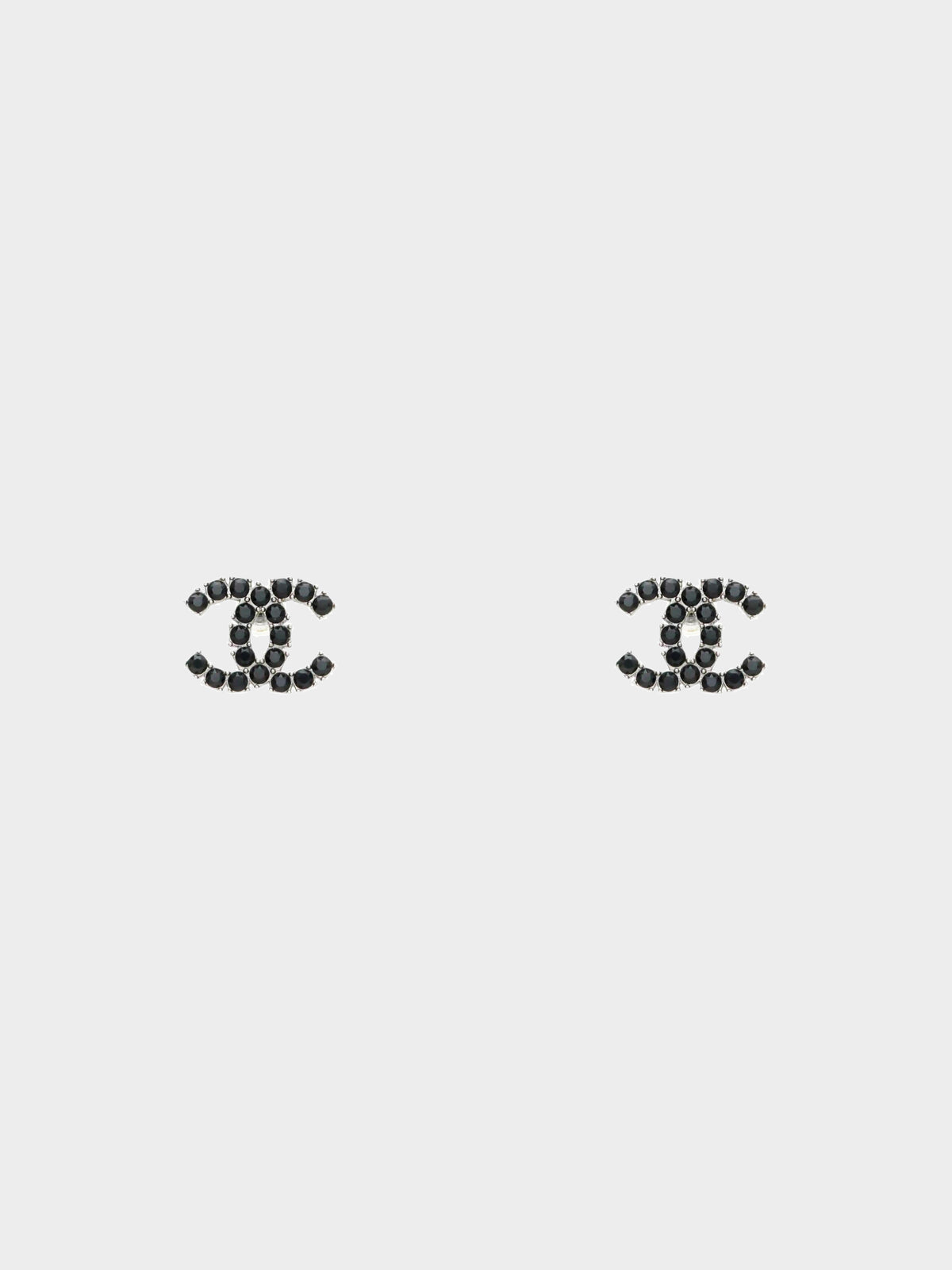 Chanel 2018 Silver and Black CC Logo Rhinestone Earrings