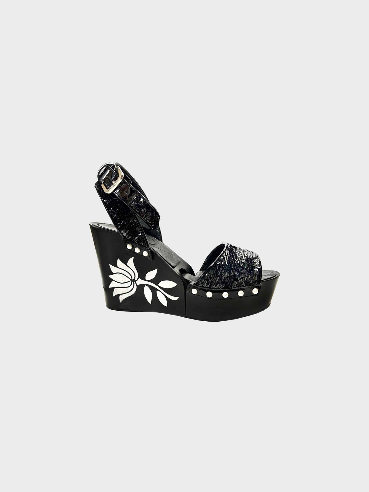 Chanel Cruise 2016 Black Patent Leather and Sequins Lotus Wedge Sandals