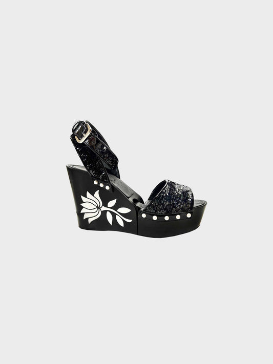 Chanel Cruise 2016 Black Patent Leather and Sequins Lotus Wedge Sandals
