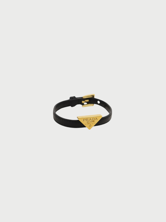 Prada 2000s Black Saffiano Leather Triangle Logo Bracelet