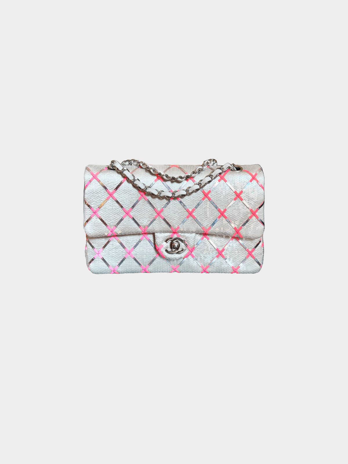 Chanel Cruise 2016 Silver Grey and Pink Sequin Leather Flap Bag
