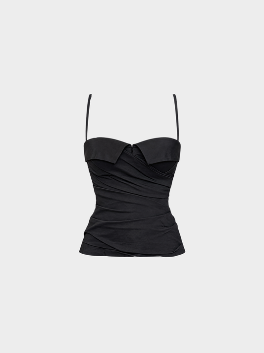 Dolce & Gabbana 2000s Black Draped Silk Mesh Corset Bustier Top