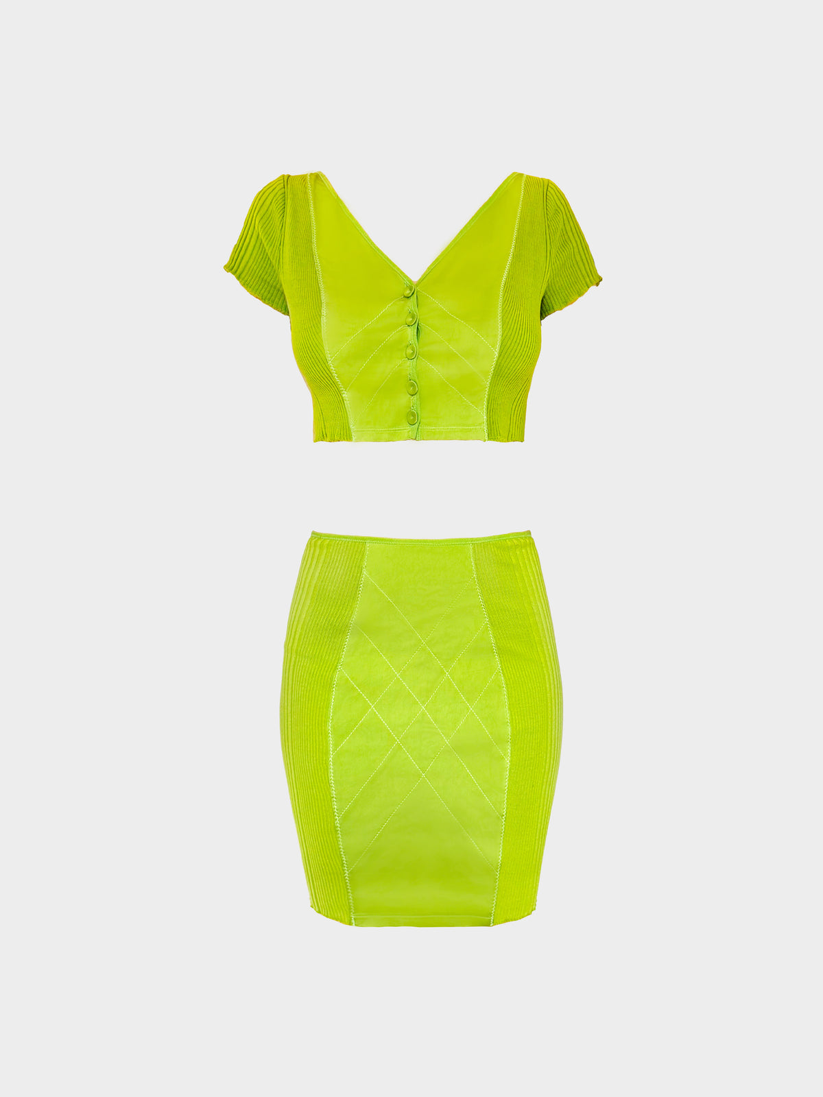 Jean Paul Gaultier 2000s Lime Green Knitted Top and Skirt Set