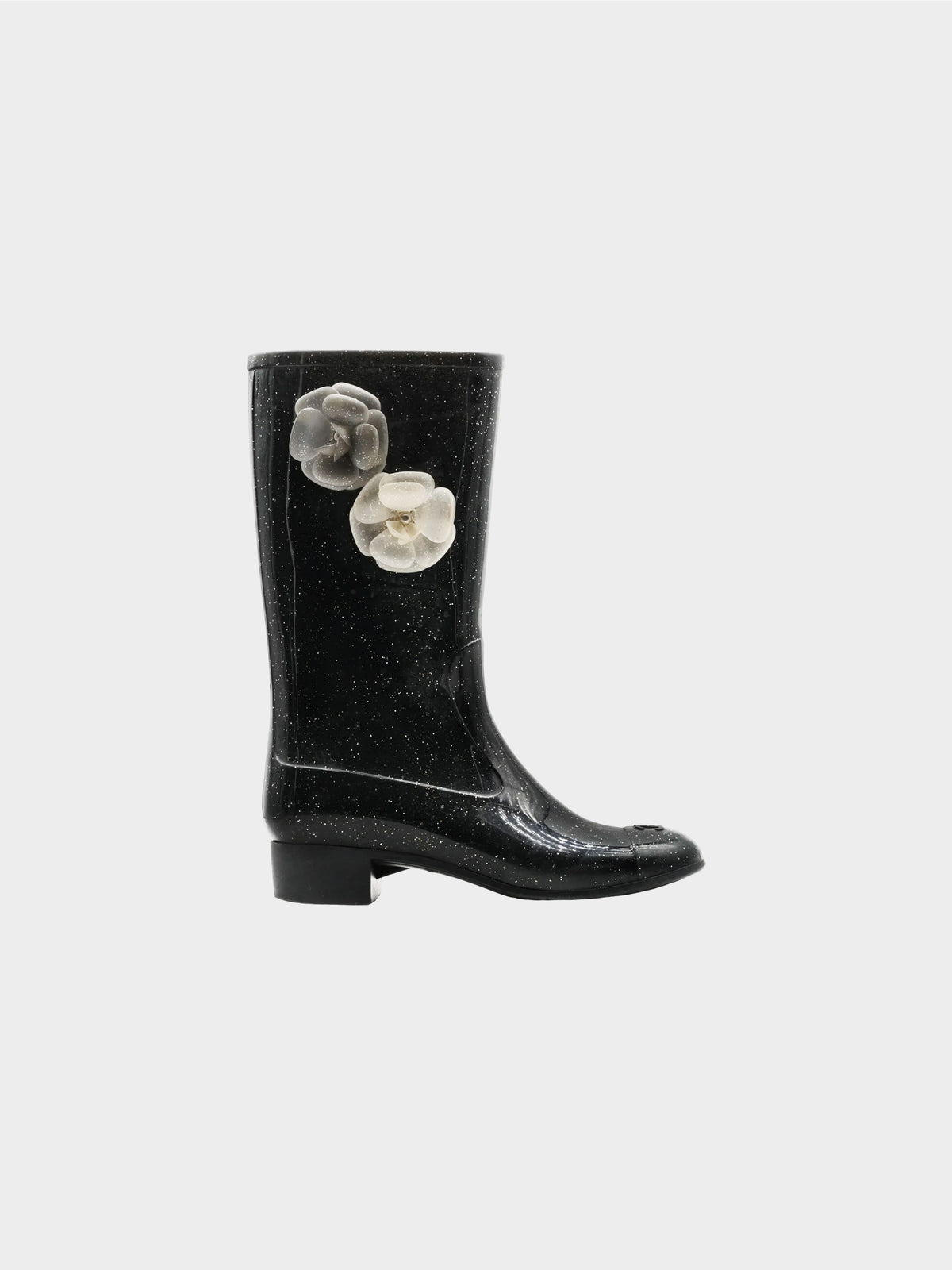 Chanel 2020 Black Glitter Rain Boots with Camellia Flowers