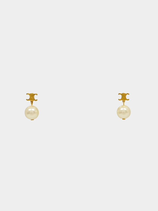Celine 2020s Gold Triomphe Pearl Earrings