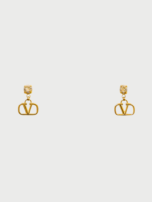 Valentino 2000s Gold V Logo Rhinestone Earrings