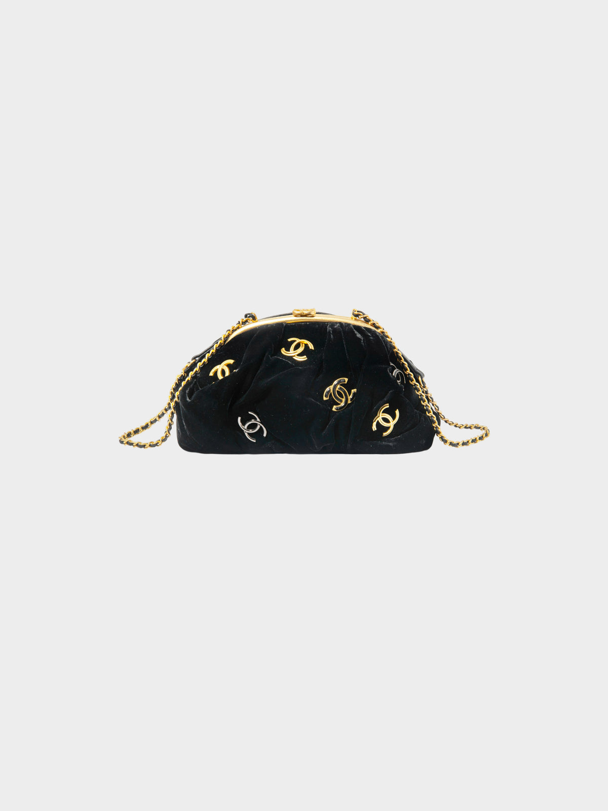 Chanel 2019 Black and Gold Velvet CC Chain Evening Bag
