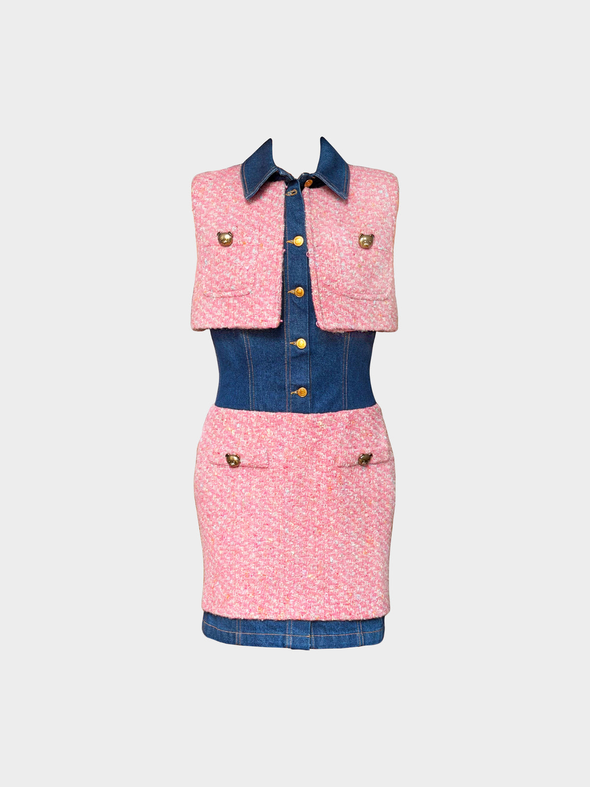 Moschino 2010s Couture Denim and Pink Tweed Button-down Paneled Fitted Dress
