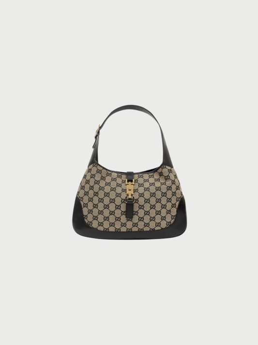 Gucci 2000s Beige Black Canvas Leather GG Jackie One-Shoulder Bag