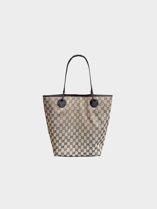 Gucci 2000s Beige Dark Brown GG Canvas Disc Hardware Bucket Tote