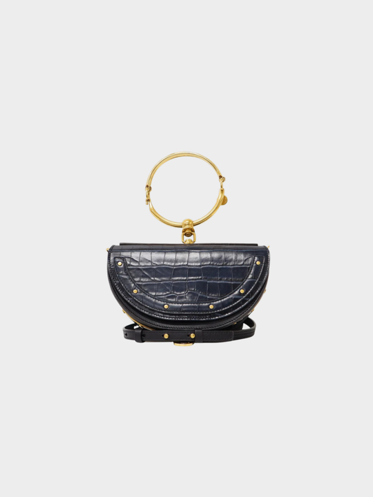 Chloé 2010s Navy Croc-Embossed Leather Nile Minaudière Bag