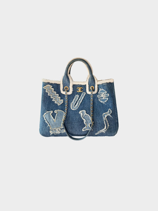 Chanel 2019 Denim Blue Paris-Egypt and Shearling Hieroglyph CC Tote Bag