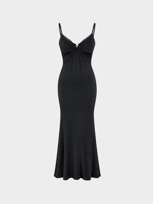 Roberto Cavalli Class 2000s Black O-Ring Ruched Mermaid Maxi Dress