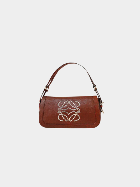 Loewe 2000s Bordeaux Leather Anagram Studs One-Shoulder Bag