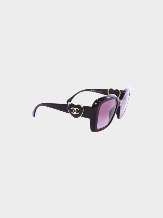Chanel 2020s Burgundy CC Heart Locket Square Sunglasses