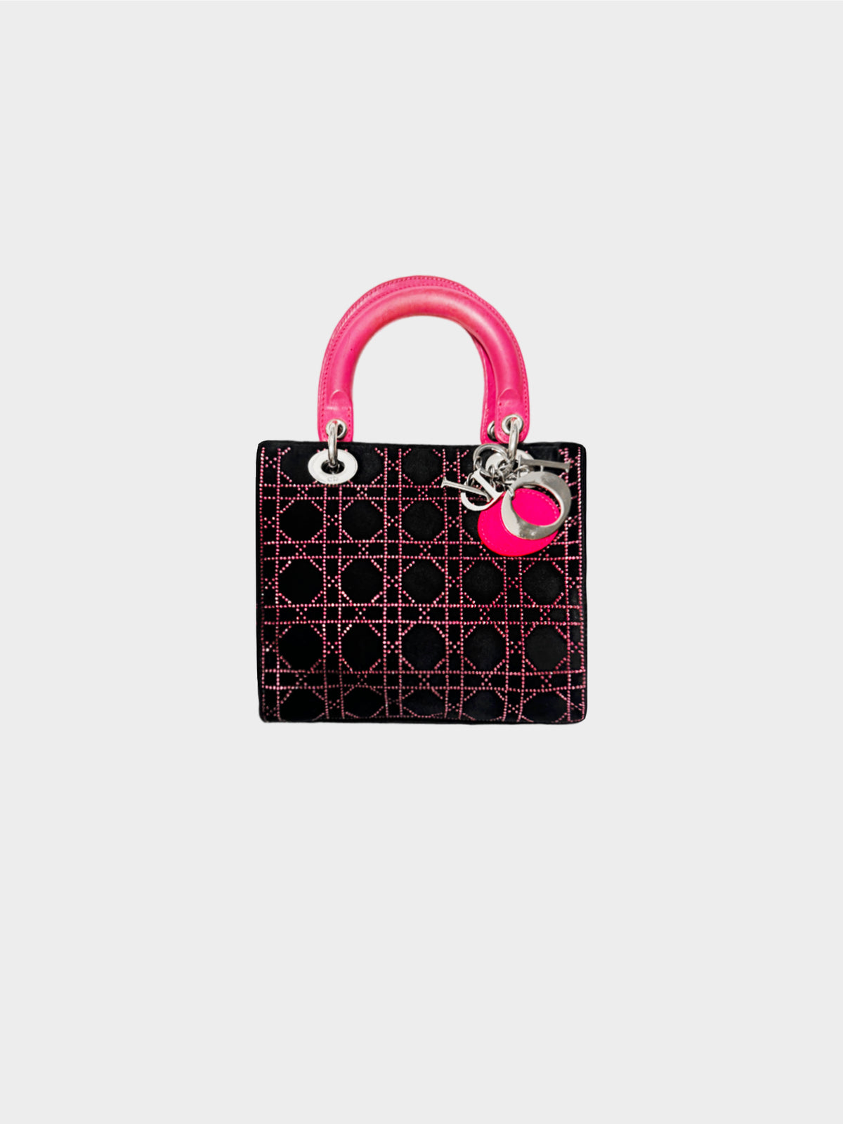 Christian Dior 2000s Black Velvet Lady Dior Pink Rhinestone Cannage Handbag