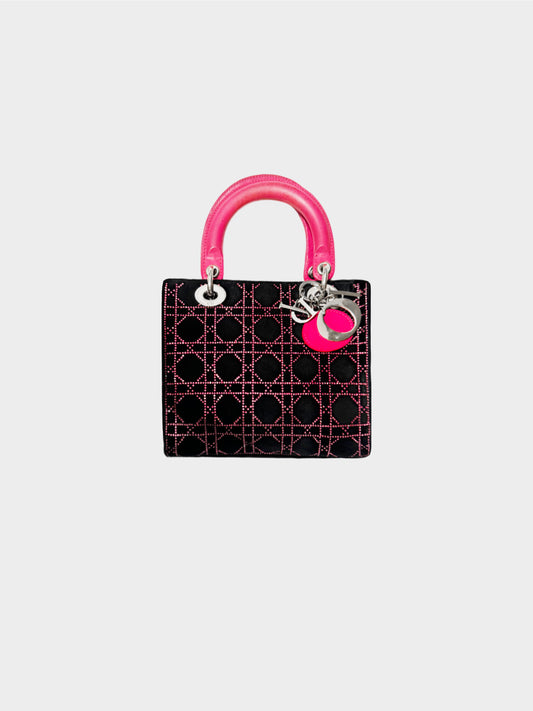 Christian Dior 2000s Black Velvet Lady Dior Pink Rhinestone Cannage Handbag
