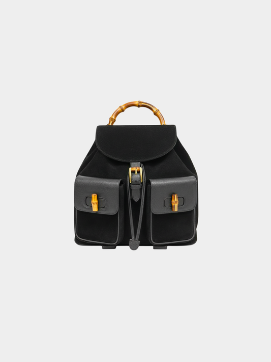 Gucci 2000s Black Suede Leather Bamboo Backpack