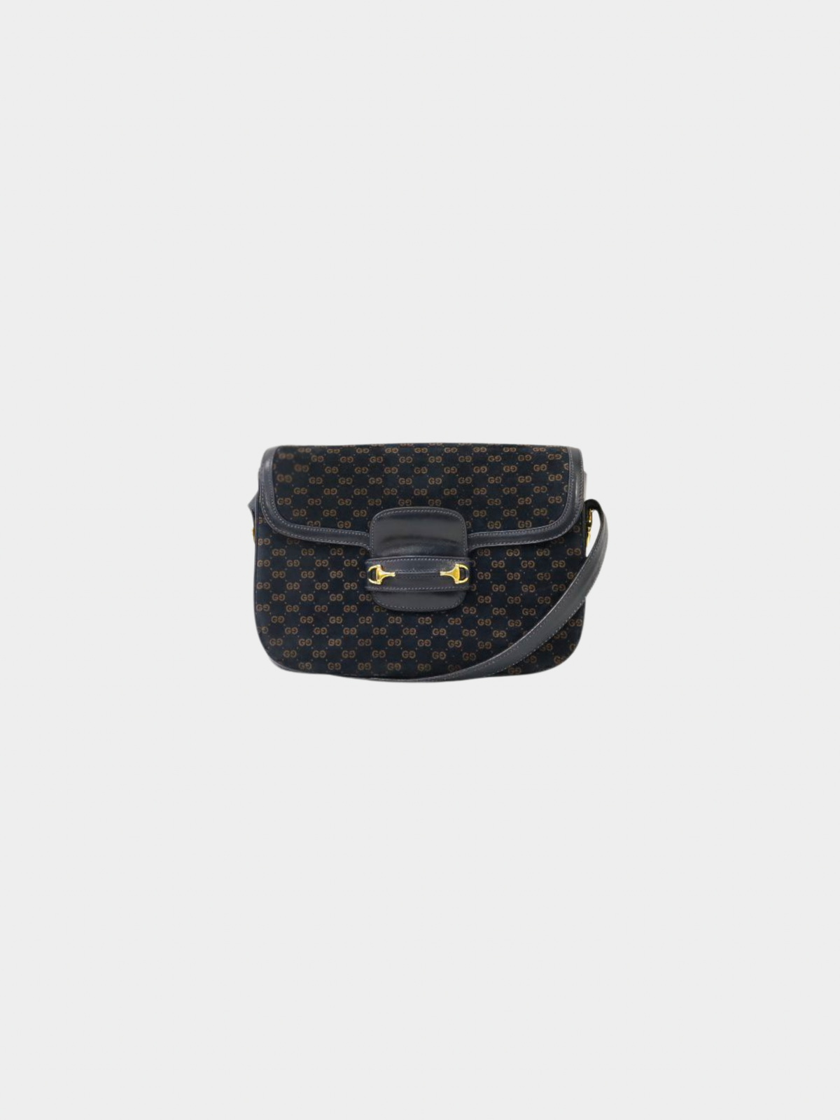 Gucci 2000s Brown Navy Horsebit Micro GG Leather Shoulder Bag