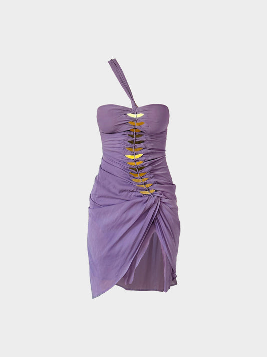 Gucci by Tom Ford SS 2005 Purple Halter Dress with Gold Metal Embellishments